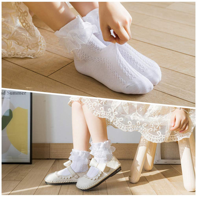 [Australia] - Baby Toddlers Girls Ruffle Socks 6 Pairs Infants Kids Princess Cotton Dress Socks with Eyelet Frilly Lace 1-9T Multicolor 1T 