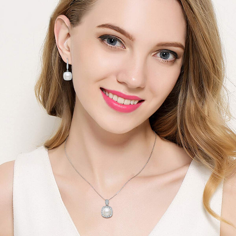 [Australia] - EVER FAITH 925 Sterling Silver CZ Pearl Square Shaped Elegant Bridal Necklace Leverback Earrings Set 