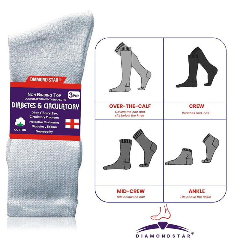 [Australia] - Diamond Star Diabetic Socks, Non-Binding Circulatory Cushion Cotton Crew Diabetic Socks for Men Women 3 Pairs White 13-15 