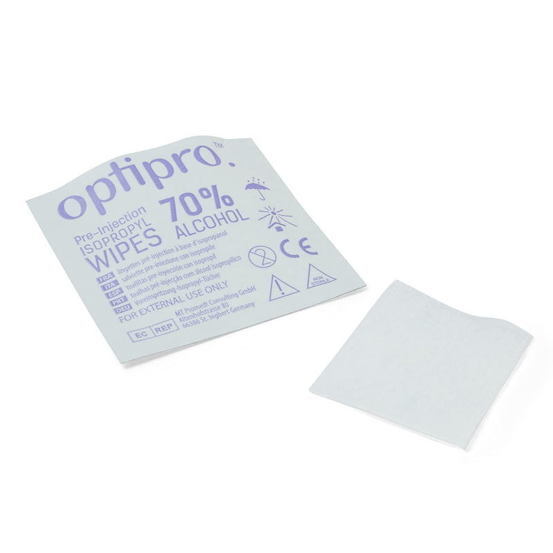 [Australia] - OptiPro Pre-Injection Wipes (x100) - Individually Wrapped Disposable Medical Skin Cleaning Easy-Tear 70% Isopropyl Alcohol Sachet Wipes (Pack of 100 Wipes) 100 Count (Pack of 1) 