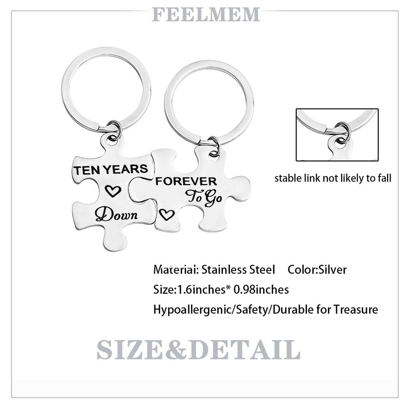 [Australia] - FEELMEM 10th Anniversary Present Ten Years Down Forever To Go Couples Puzzle Keychain Set Of Two 10 Years Anniversary Key Chain Present For Him or Her (silver) 