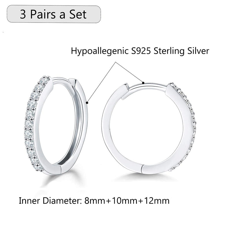 [Australia] - wynn's Silver Hoop Earrings for Women, 925 Sterling Silver Hoop Earrings Set, Unisex Small Cartilage Sleeper Hoop Earrings with Cubic Zirconia, Size 10, 12, 14mm, 3 Colors in Silver, Gold, Rose Gold 3 Pairs - Silver - 10 & 12 & 14mm 