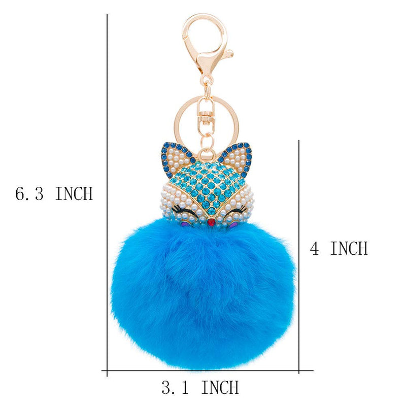 [Australia] - HOYUNLA Rabbit Fur Ball Pom Pom Keychain with Fox Head Inlay Pearl Rhinestone for Women Backpack Car Key Chain Decoration Bright Blue 