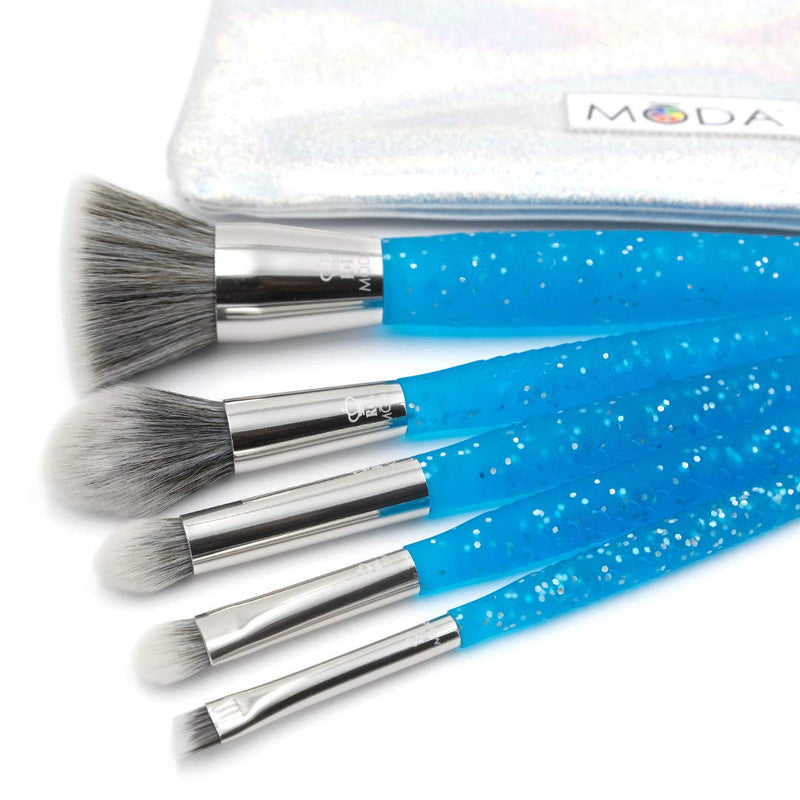[Australia] - MODA Full Size Mythical Blue Fire 6pc Makeup Brush Set with Pouch, Includes - Flat Kabuki, Accentuate, Small Eye Shader, Super Crease, and Line Brushes, Blue 