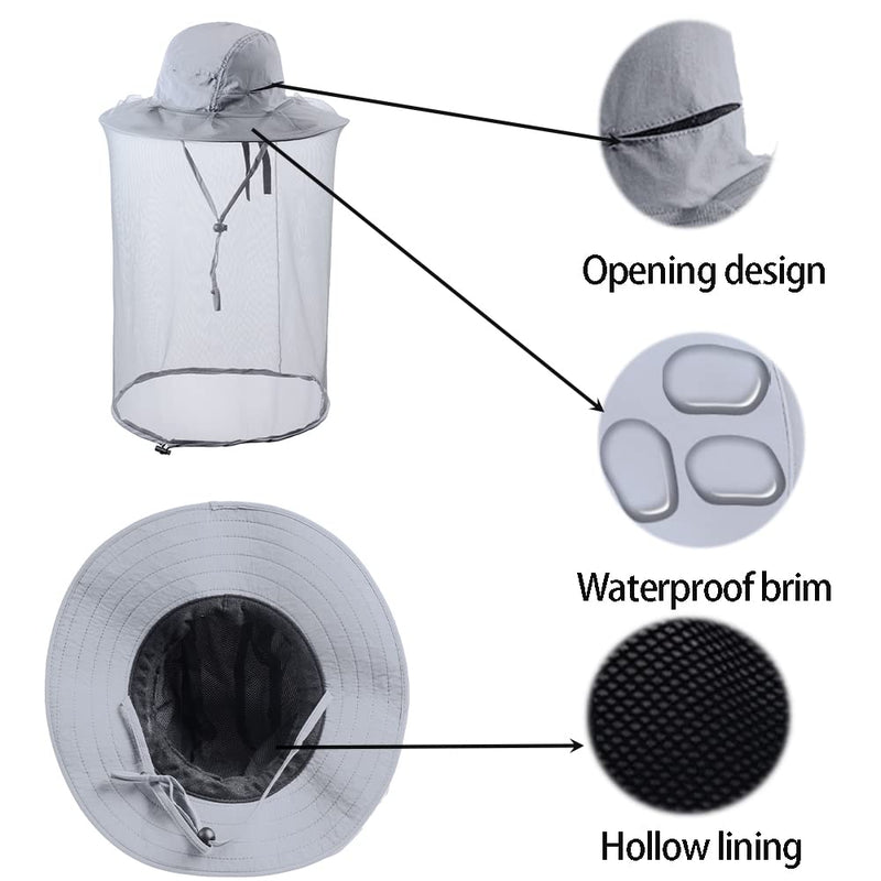 [Australia] - HunterBee Mosquito net hat Bug Insect Hats with Netting Beekeeper Beekeeping bee Veil hat Safari Hiking Gardening mesh Cap Hood Light Gray 