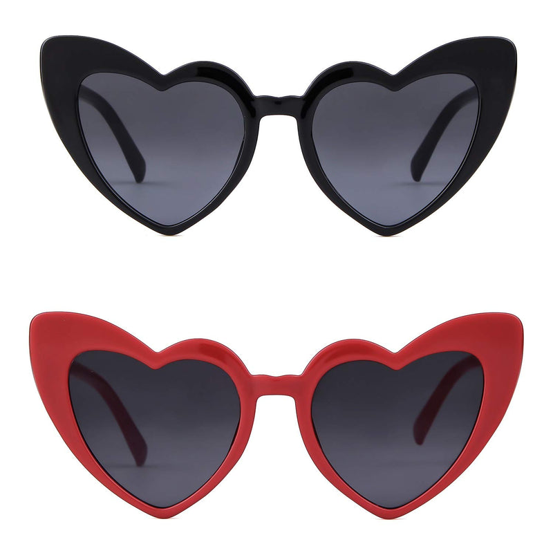 [Australia] - Clout Goggle Heart Sunglasses Vintage Cat Eye Mod Style Retro Kurt Cobain Glasses ( 2 Pack) Black+red 