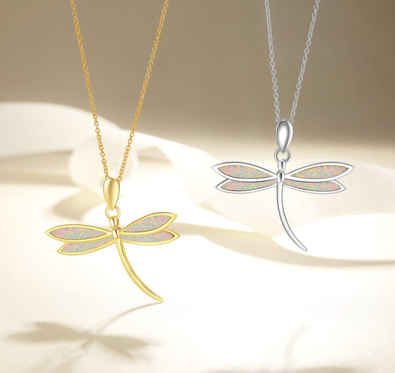 [Australia] - FANCIME October Birthstone White/Yellow Gold Plated Sterling Silver Opal Dragonfly Necklace Long Chain Charm Dainty Pendant Jewelry for Women Girls 16"+2" 