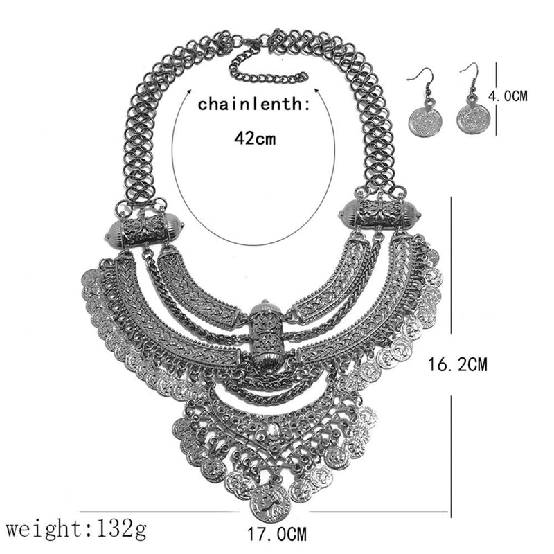 [Australia] - LZHLQ Fashion Bib Necklace for girl Bohemian Coin Statement Necklace and earrings Punk Ethnic Style Jewelry Set for Women Silver 