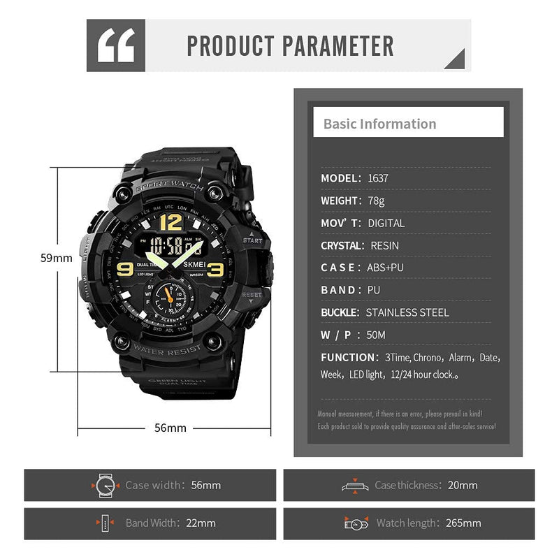 [Australia] - Men Digital Sports Watch, Dual Time Display LED Military Wrist Watch, Shockproof Large Dial Men Wristwatches Outdoor Waterproof Alarm Watches Black 