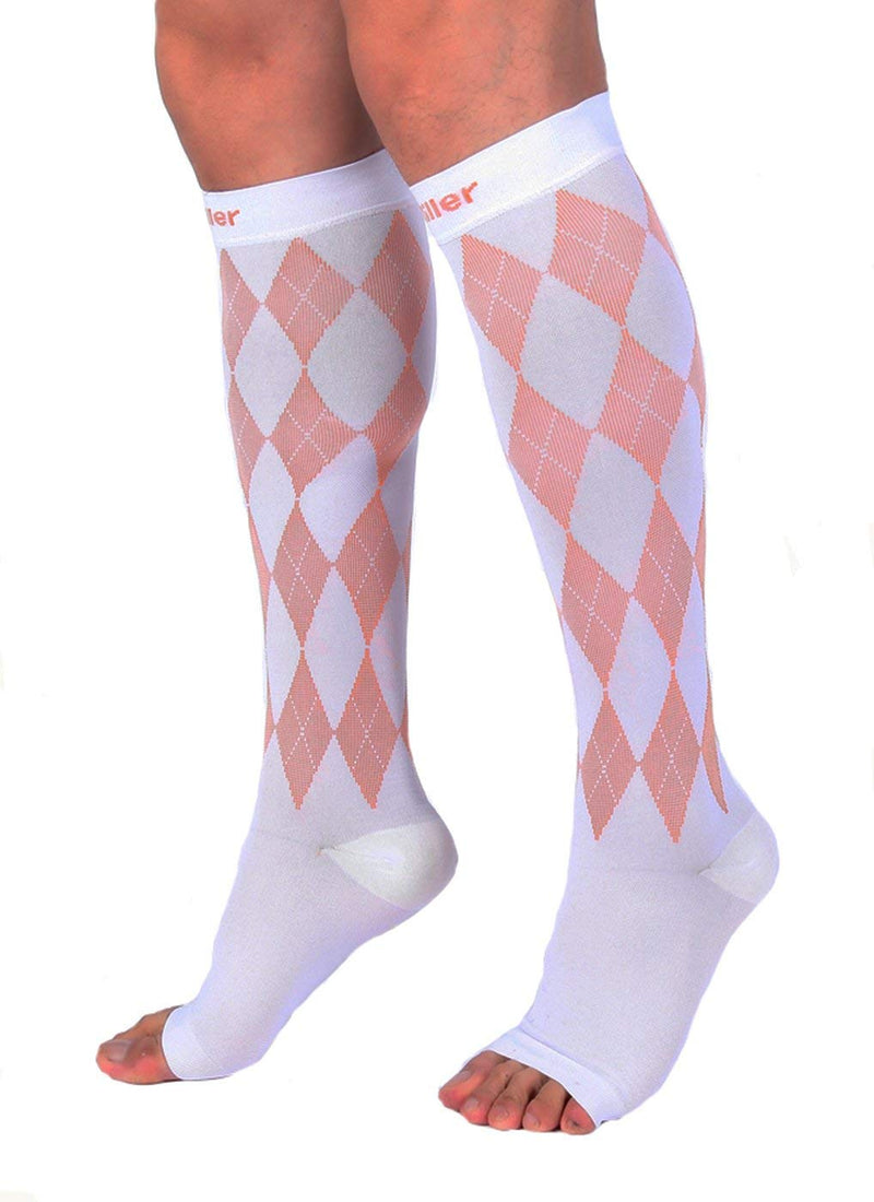 [Australia] - Doc Miller Open Toe Compression Socks Women 20-30mmHg, 1 Pair Toeless Socks for Women and Men - Argyle Design X-Large White.orange Open Toe 