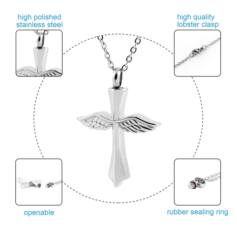 [Australia] - Cross Wing Cremation Urn Pendant Necklace in Stainless Steel, Urn Necklace for Human Ashes and Pet Loss, Memory Sympathy Gift, Keepsake Jewelry, Perfume Bottle Jewelry 