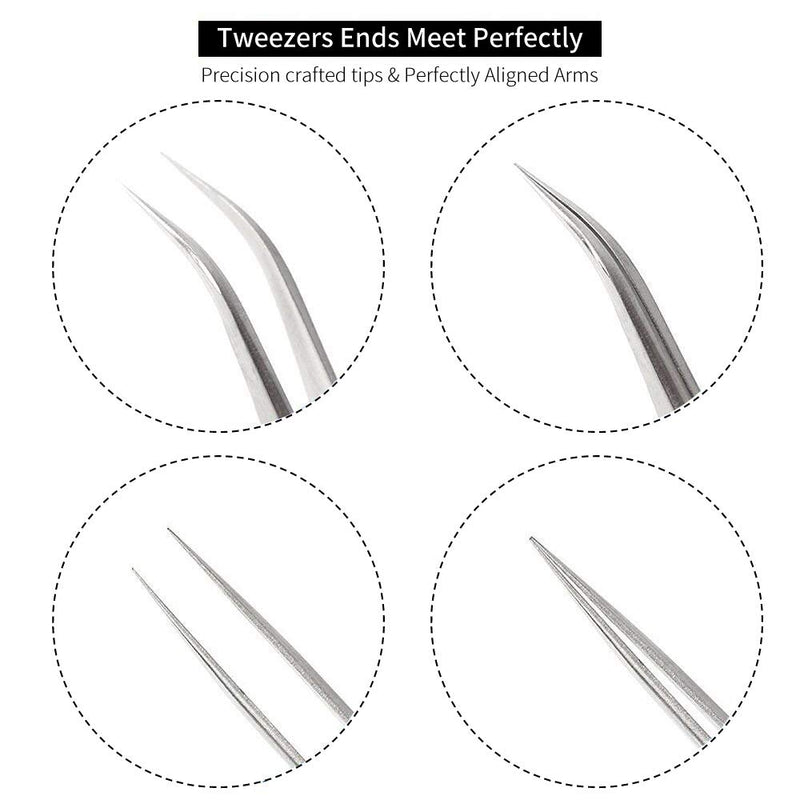 [Australia] - Best Eyelash Extension Tweezer Set - FEITA Pro Straight & Curved Pointy Precision Fine Tip Tweezers for Lash Extensions - Silver - 2Pcs 
