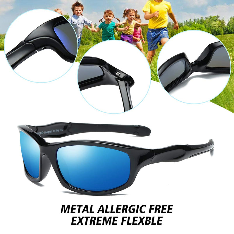 [Australia] - DUCO Kids Sunglasses Boys Sports Polarized Sunglasses Youth Sunglasses for Boys And Girls Age 3-10 K006 Black Frame Black Temple Revoblue Lens 2.16 Inches 