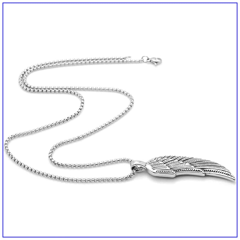 [Australia] - Fusamk Punk Stainless Steel Wing Pendant Feather Necklace,24" Box Chain Steel Feather 