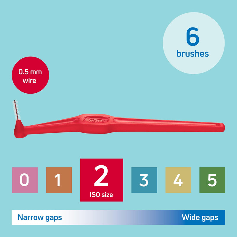 [Australia] - TePe Angle Red Interdental Brushes (0.5mm - Size 2) / Easy and simple interspace cleaning with long handle and angled neck / 1 x 6 brushes 6 Count (Pack of 1) Single size pack Red (0.5mm) 