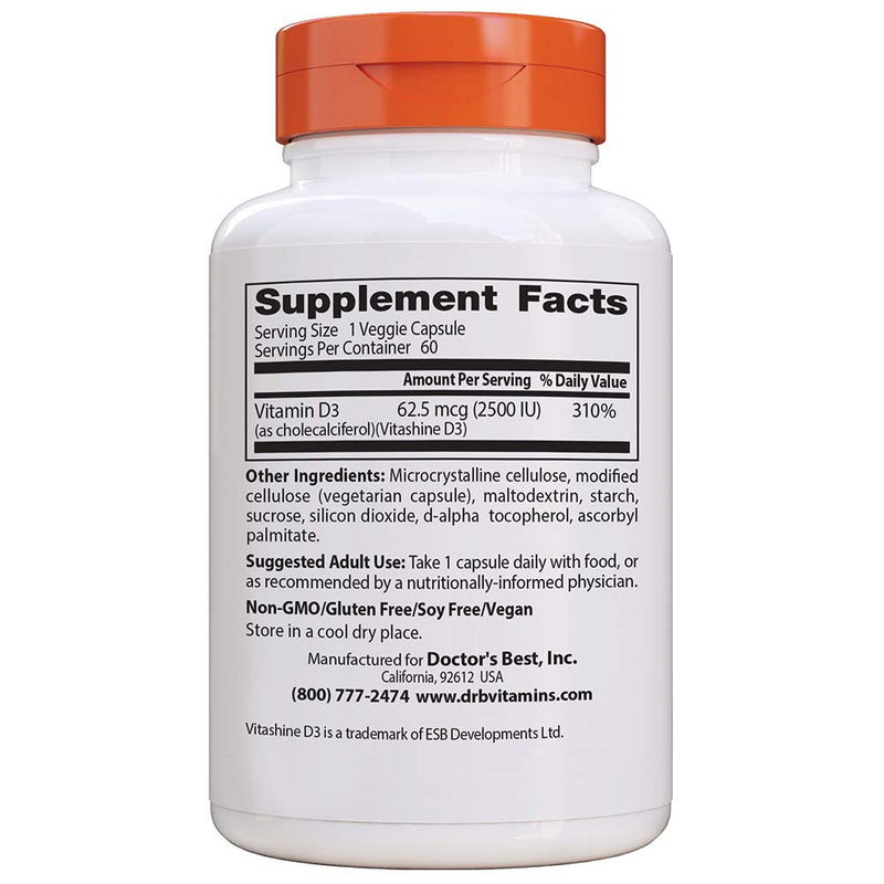 [Australia] - Doctor's Best Vitamin D3 2500IU with Vitashine D3, Non-GMO, Vegan, Gluten & Soy Free, Regulates Immune Function, Supports Healthy Bones, 60 Count 60 Count (Pack of 1) 