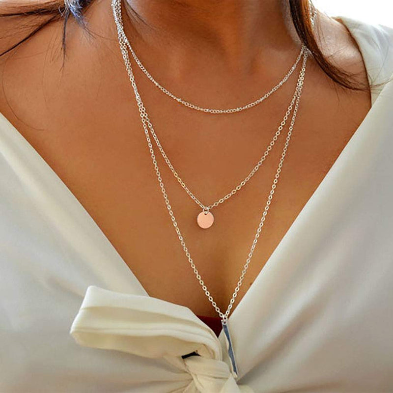 [Australia] - Ursumy Boho Long Necklaces Dainty Layered Sequin Necklace Chain with Bar Pendant Necklace Jewelry for Women and Girls (Silver) Silver 