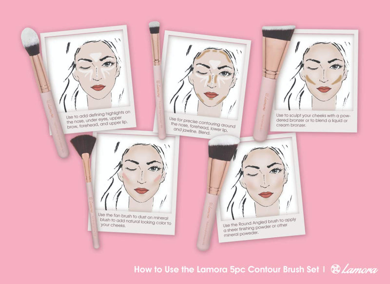 [Australia] - Pro Face Contour Brush Set - Synthetic Contouring Sculpting and Highlighting Kit - Cream Blush Powder Flat Nose Cheek Round Small Angled Fan Tapered Precision Kabuki Foundation Makeup Brushes Rose 