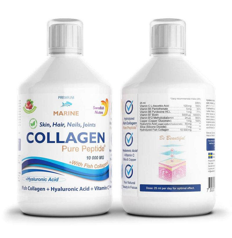 [Australia] - Swedish Nutra Ready to Drink Marine Collagen 10,000Mg Per Serving, Hyaluronic Acid, Healthy Skin, Hair, Nails & Joints, Berry Flavour, Liquid Offers Superior Absorption 