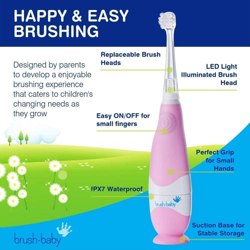 [Australia] - Brush Baby BabySonic Infant and Toddler Electric Toothbrush for Ages 0-3 Years - Smart LED Timer and Gentle Vibration Provide a Fun Brushing Experience - Includes 2 Sensitive Brush Heads (Pink) Pink 