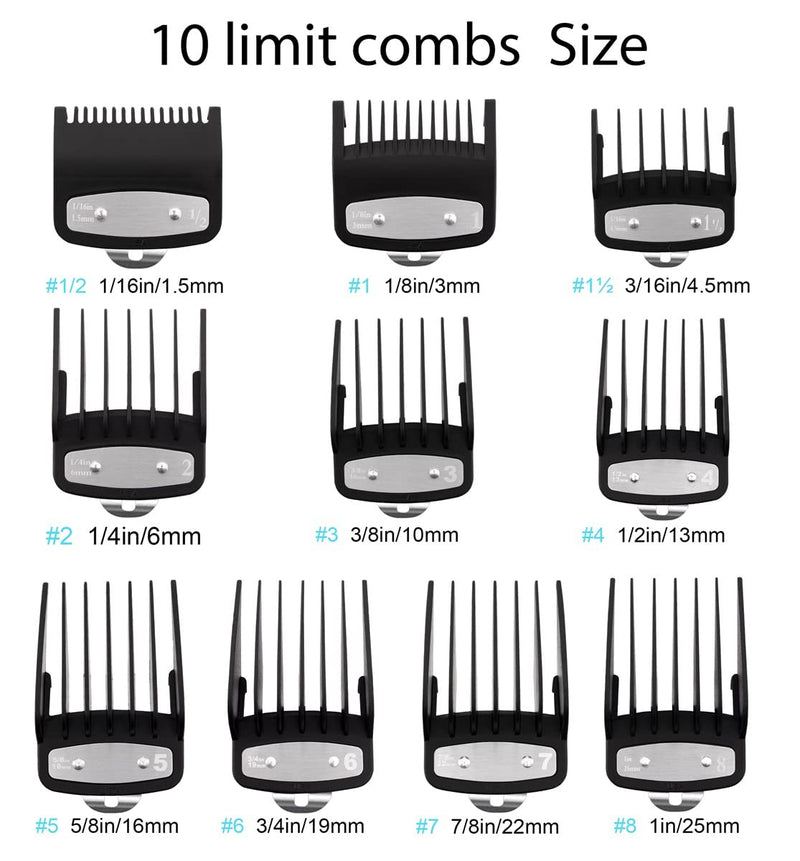 [Australia] - 10 Pack Clipper Guards Cutting Guides for Wahl Clipper with Metal Clip/Color Coded-from 1/16 Inch to 1 Inch(1.5-25mm)，Fits All Full Size Wahl Clippers (Black) Black 
