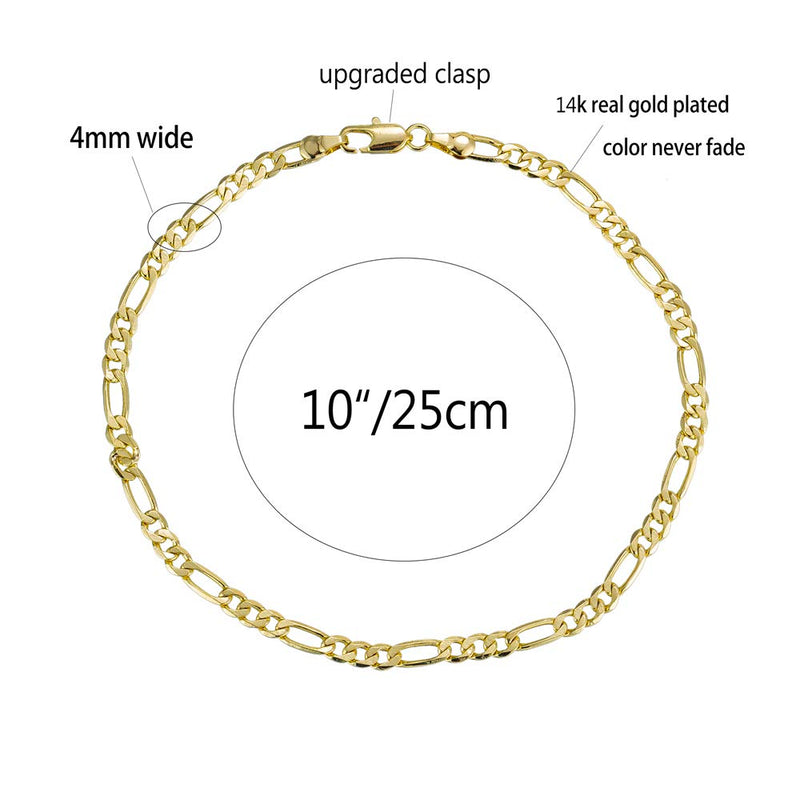 [Australia] - 14k White Gold Plated 4mm Figaro Link Chain Flat Anklet, Ankle Bracelet for Women Men 9 10 11 inches 10.0 Inches 14k-gold-plated 