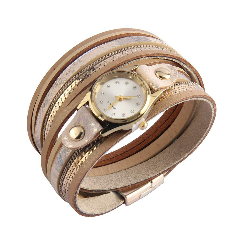 [Australia] - MINILUJIA Vintage Casual Bohemian Style Women Leather Watch Double Wrap Around Watch with Magnetic Clasp Beige 