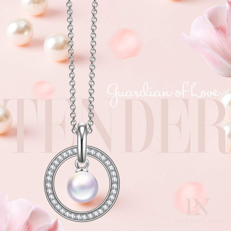 [Australia] - PN PRINCESS NINA ️Guardian of Love Mothers Day Jewelry Gifts for Mom 925 Sterling Silver AAA Cubic Zirconia Pearl Pendant Necklace, 17.5"+2" Extender, Best Gift for Her Gift for Women 