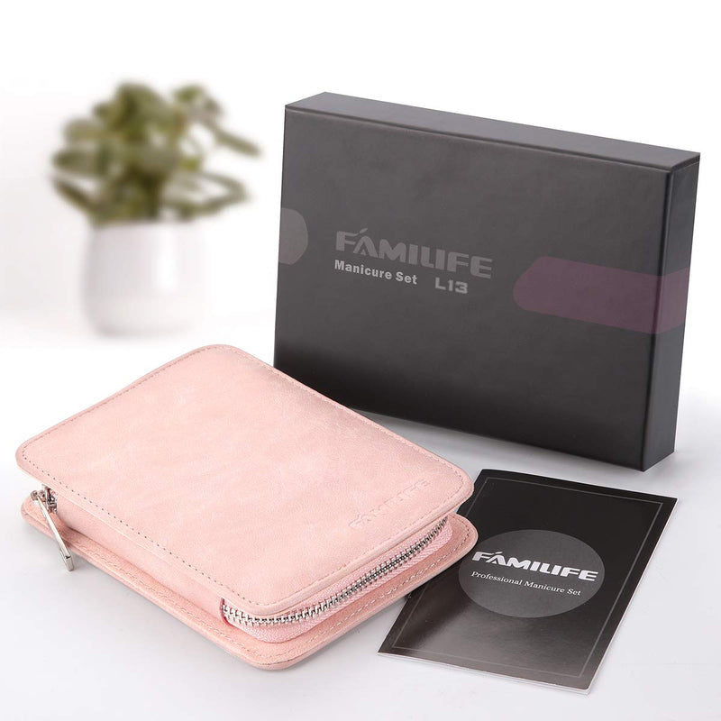 [Australia] - FAMILIFE Manicure Set, 8 in 1 Professional L13 Manicure Kit Nail Clipper Set Stainless Steel Pedicure Tools Kit Portable Grooming Kit with Pink Leather Travel Case for Women Girl Light Pink 