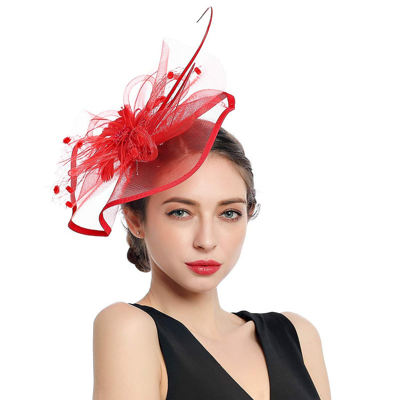 [Australia] - Women Fascinators Kentucky Derby Hair Clip Headband Wedding Tea Party Hat Mesh Feathers Hairband 5-red 