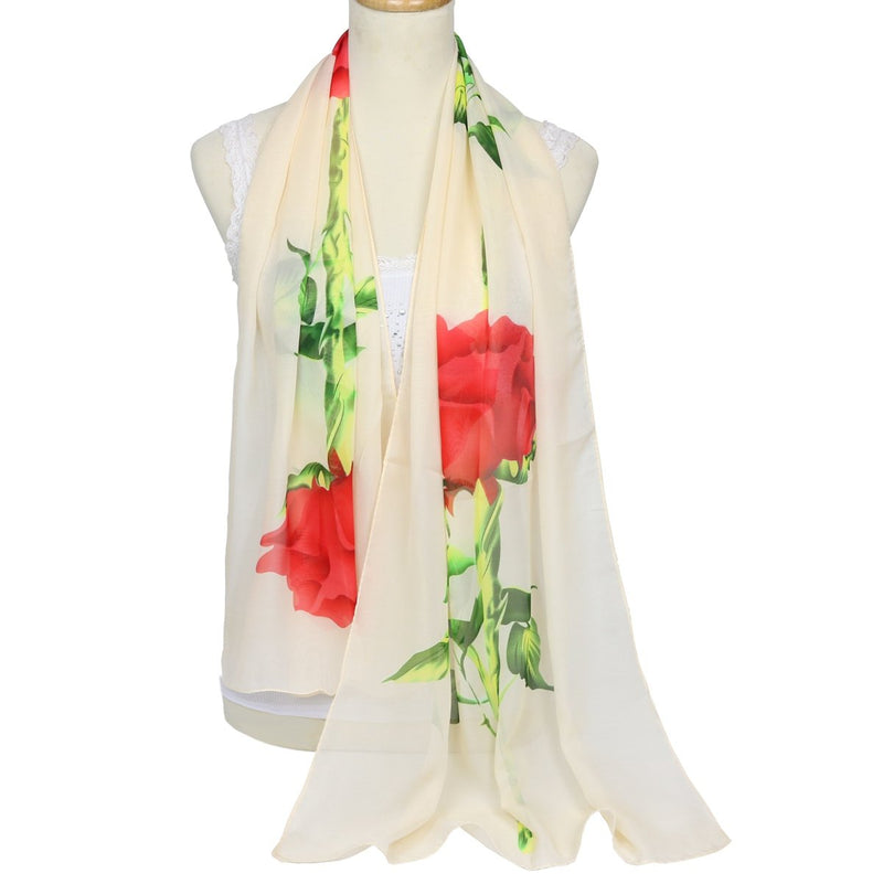 [Australia] - ChikaMika Fashion Scarves for Women Floral Rose Light Weight Long Chiffon Scarves White Rose 