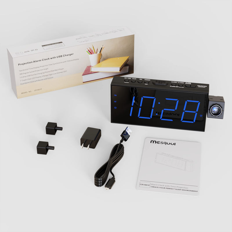 [Australia] - Digital Projection Alarm Clock for Bedroom, Large LED Alarm Clock with Projection on Ceiling Wall, 350°Projector,Dimmer,USB Charger, Battery Backup Loud Dual Alarm Clock for Heavy Sleeper Kids Elderly Blue Digits; Blue Projection 