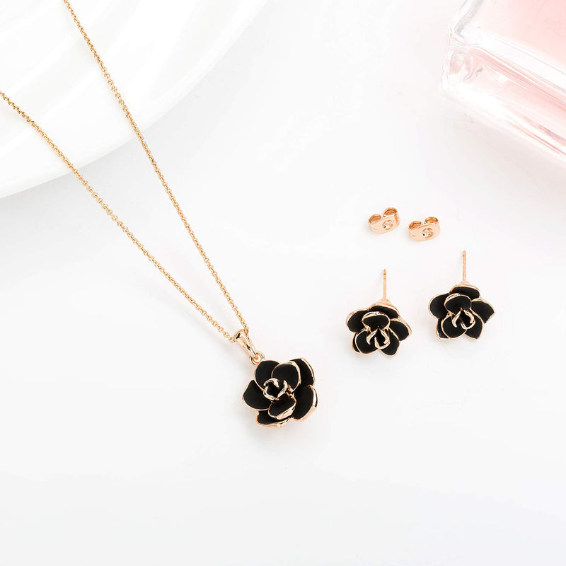 [Australia] - Rose Flower Necklace Earrings Set for Women 18K Gold Plated Hypoallergenic Jewelry Sets Black 