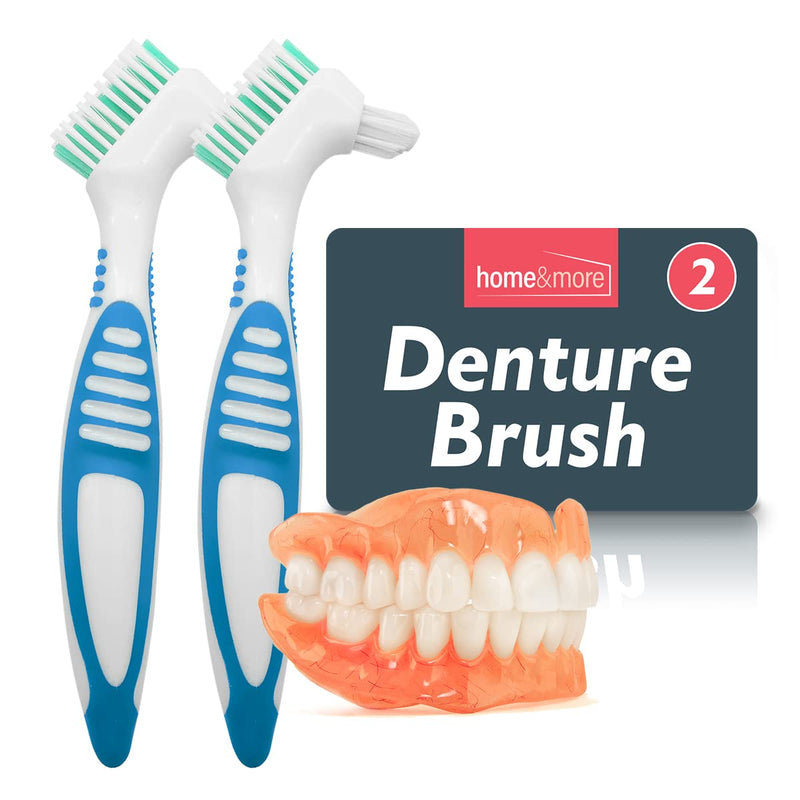 [Australia] - 2pk Denture Toothbrush | Denture Brush with Soft Bristles, Easy Grip Handle & Dual Angled Brush Heads for Cleaning Dentures | Retainer Brush for Cleaning Retainers 