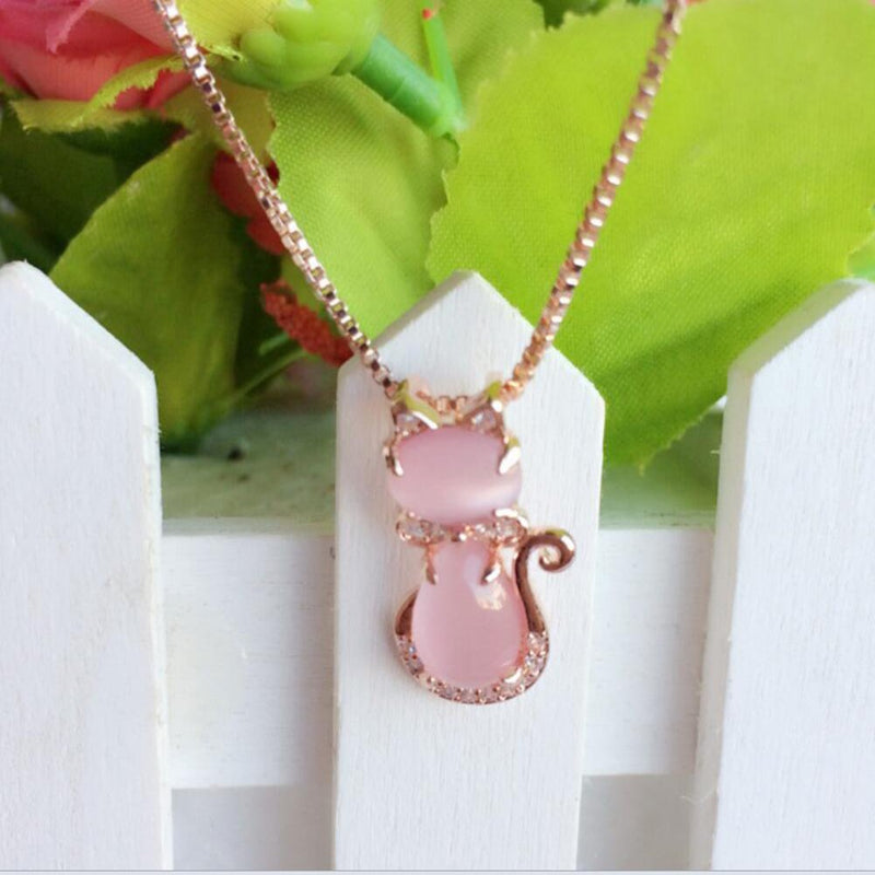 [Australia] - COLORFUL BLING Pink cat Pendant Necklace Ross Stone Quartz Opal Cute Rose Gold Silver Plated Chain Necklace for Women Girls 