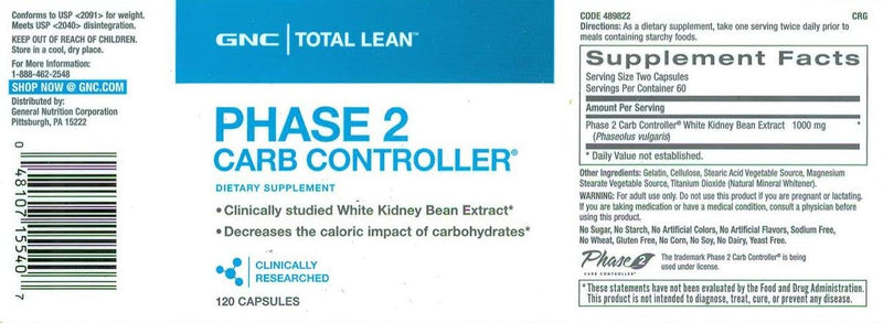 [Australia] - GNC Total Lean Phase 2 Carb Controller | Decreases Calorie Impact from Carbohydrates | 120 Capsules 