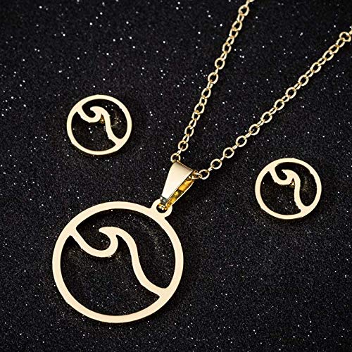 [Australia] - MIXIA Simple Stainless Steel Round Ocean Wave Stud Earrings Sea Wave Pendant Necklace Set Beach Jewelry for Surfer Gift Gold 