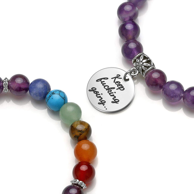 [Australia] - Top Plaza 7 Chakra Stone Bead Bracelets Yoga Reiki Healing Crystals Gemstone Beaded Bracelet Friendship Inspirational Message Charm Bracelet for Women Men Amethyst 