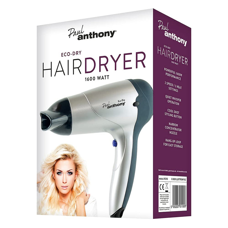 [Australia] - Paul Anthony Eco-Dry 1600w Hair Dryer / 3 Heat Settings / 3 Speed Settings / Concentrator Nozzle / Safety Cut-Off / DC Motor - Silver - H1316 1600W Silver 