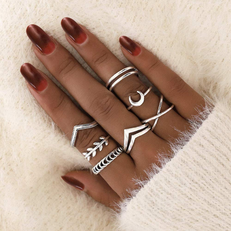 [Australia] - CSIYANJRY99 Boho Silver Star Moon Knuckle Ring Set for Women Teen Girls,Vintage Crystal Stackable Midi Finger Rings A:7pcs silver 