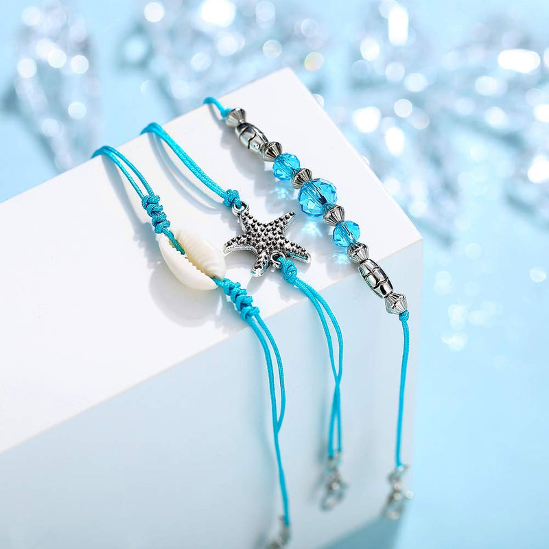 [Australia] - ZEKUI 3pcs Starfish Shell Simple Bracelet Blue Beads Beach Anklet Hand-knitted barefoot jewelry Accessories Men and women fashion Foot jewelry Bohemian 