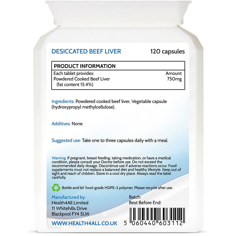 [Australia] - Desiccated Beef Liver 750mg 120 Capsules (V) (not Tablets) Purest- No additives. Non-defatted Natural Source of readily absorbable Vitamins and Minerals. Made in The UK by Health4All 120 Count (Pack of 1) 