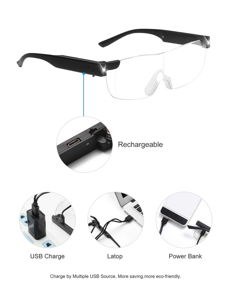[Australia] - Magnifying Glasses with Light,200% Magnifying Lighted Eyeglasses,Rechargeable LED Lights, Hands Free for Hobbies,Reading,Close Work 200% Black 