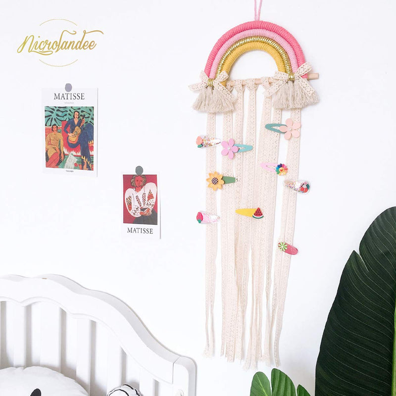 [Australia] - NICROLANDEE Rainbow Tassels Hair Bows Holder Hanging - Baby Hair Accessories Storage Headband Holder Hair Clips Organizer Wall Hanger Decor for Baby Girls Room Ornament (Pink Yellow) Pink Yellow 