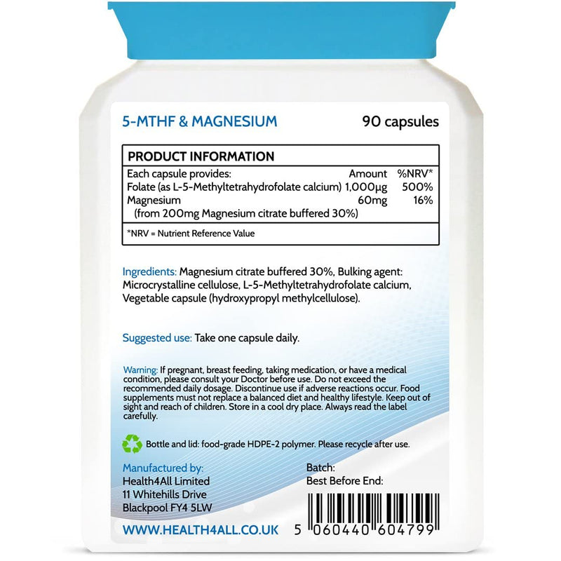 [Australia] - Health4All 5 MTHF Methylfolate 1000mcg 90 Capsules (V) (not Tablets) Prenatal Folate - Active Form of Folic Acid for Healthy Pregnancy, Overcomes MTHFR 90 Count (Pack of 1) 