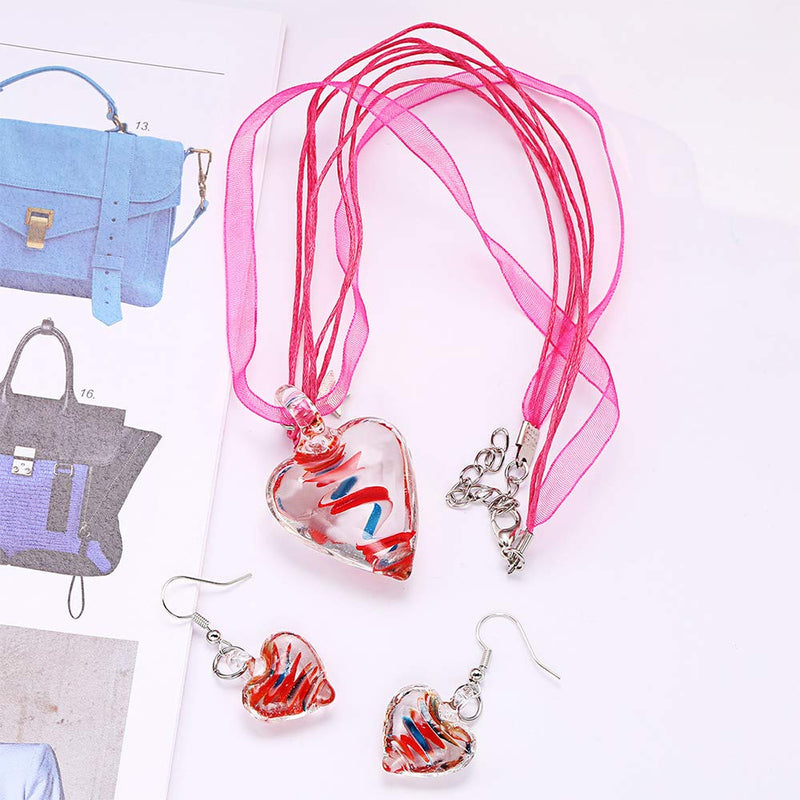 [Australia] - VEINTI+1 Exotic Style Eye-Catcher Handmade Romantic Heart with Pink Flower Design Glass Necklace Multicolor Set 