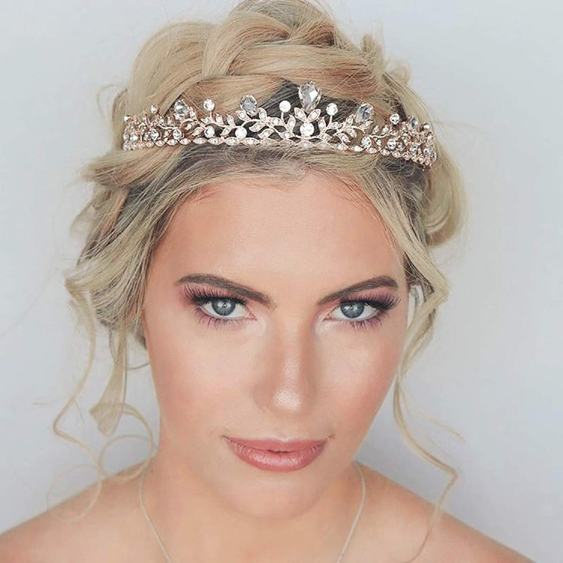 [Australia] - SWEETV Sparkly Crystal Crown Princess Tiara Rhinestone Leaf Pageant Wedding Hair Jewelry, Rose Gold 