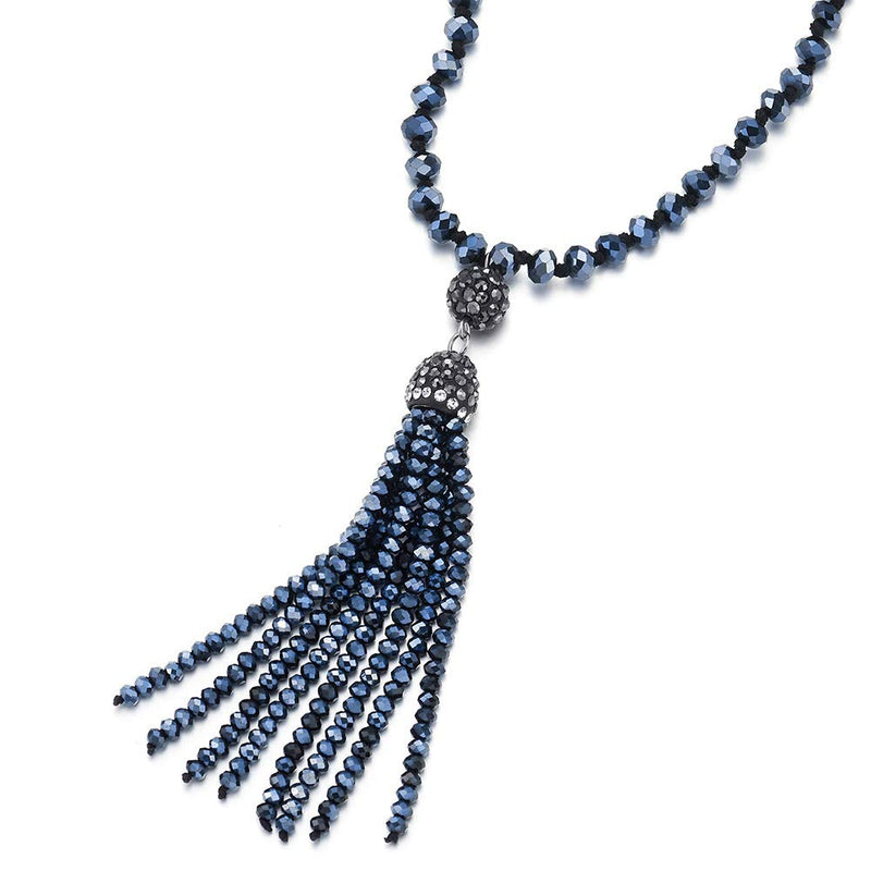 [Australia] - COOLSTEELANDBEYOND Fashion Statement Necklace Y-Shape Fringe Tassel Pendant Dark Grey Blue Crystal Beads Long Chain 