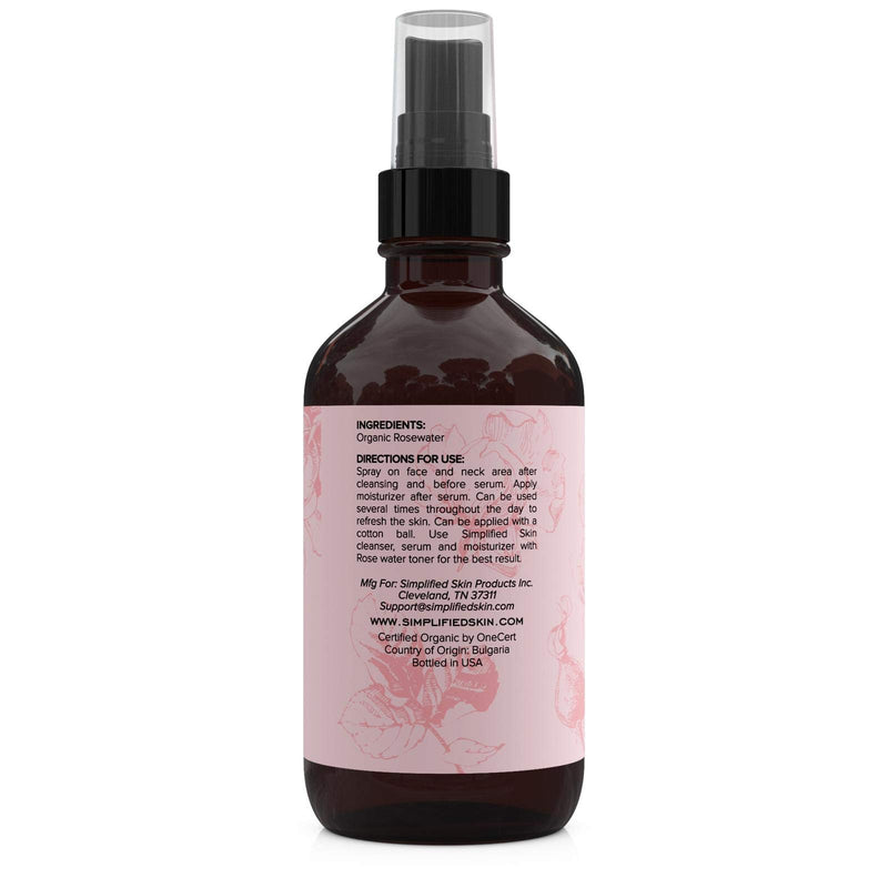 [Australia] - Rose Water for Face & Hair, USDA Certified Organic Facial Toner. Alcohol-Free Makeup Setting Hydrating Spray Mist. 100% Natural Anti-Aging Petal Rosewater by Simplified Skin (4 oz) - 1 Pack 4 Fl Oz (Pack of 1) 