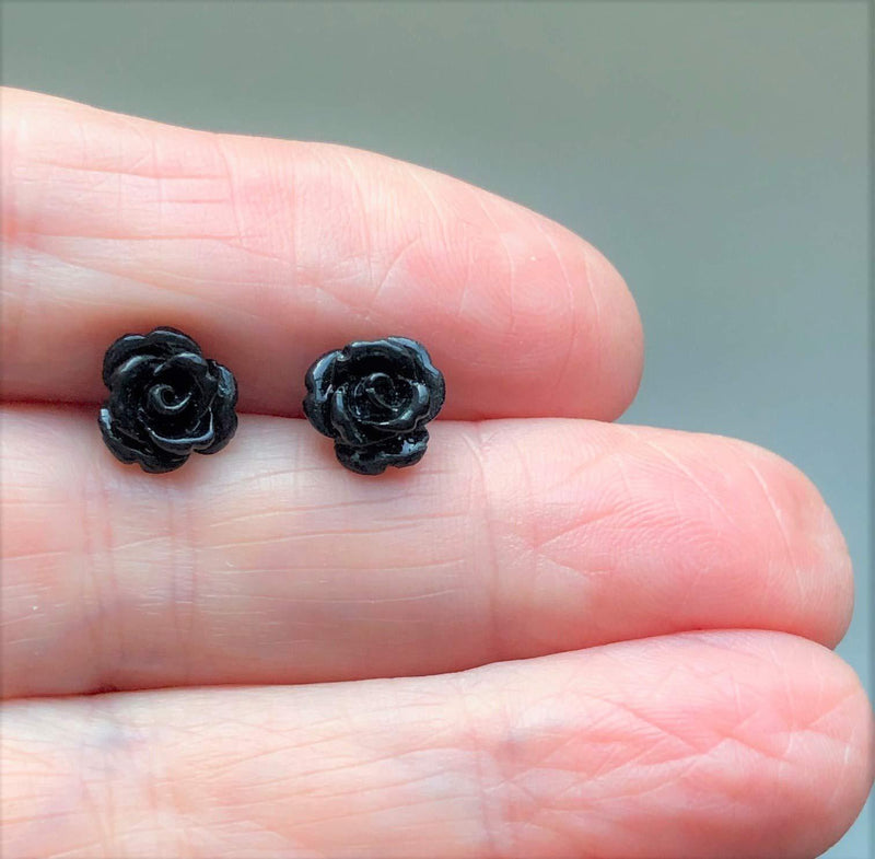[Australia] - Black Sterling Silver Rose Earrings 8mm 